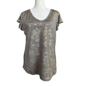 Carmen Marc Valvo Gold Metallic Floral Top Blouse Large Flutter Sleeve Stretchy